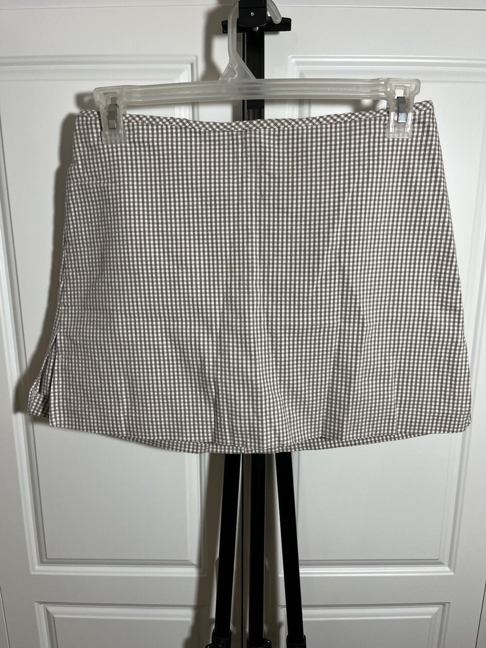 David Paul New York Tan Pink Beige Plaid Skirt Stretch Size 6 Skort Shorts Zip